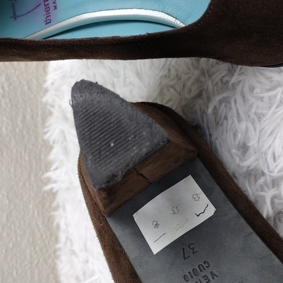 Thierry Rabotin Vintage Brown Suede Leather Almond Peep Toe Blocked Heel Shoe - Picture 14 of 15